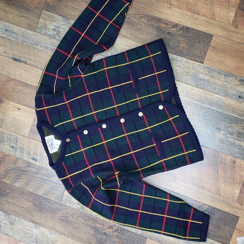Vintage Tally Ho Green, Blue, Red, and Yellow Plaid Cardigan, Size Small